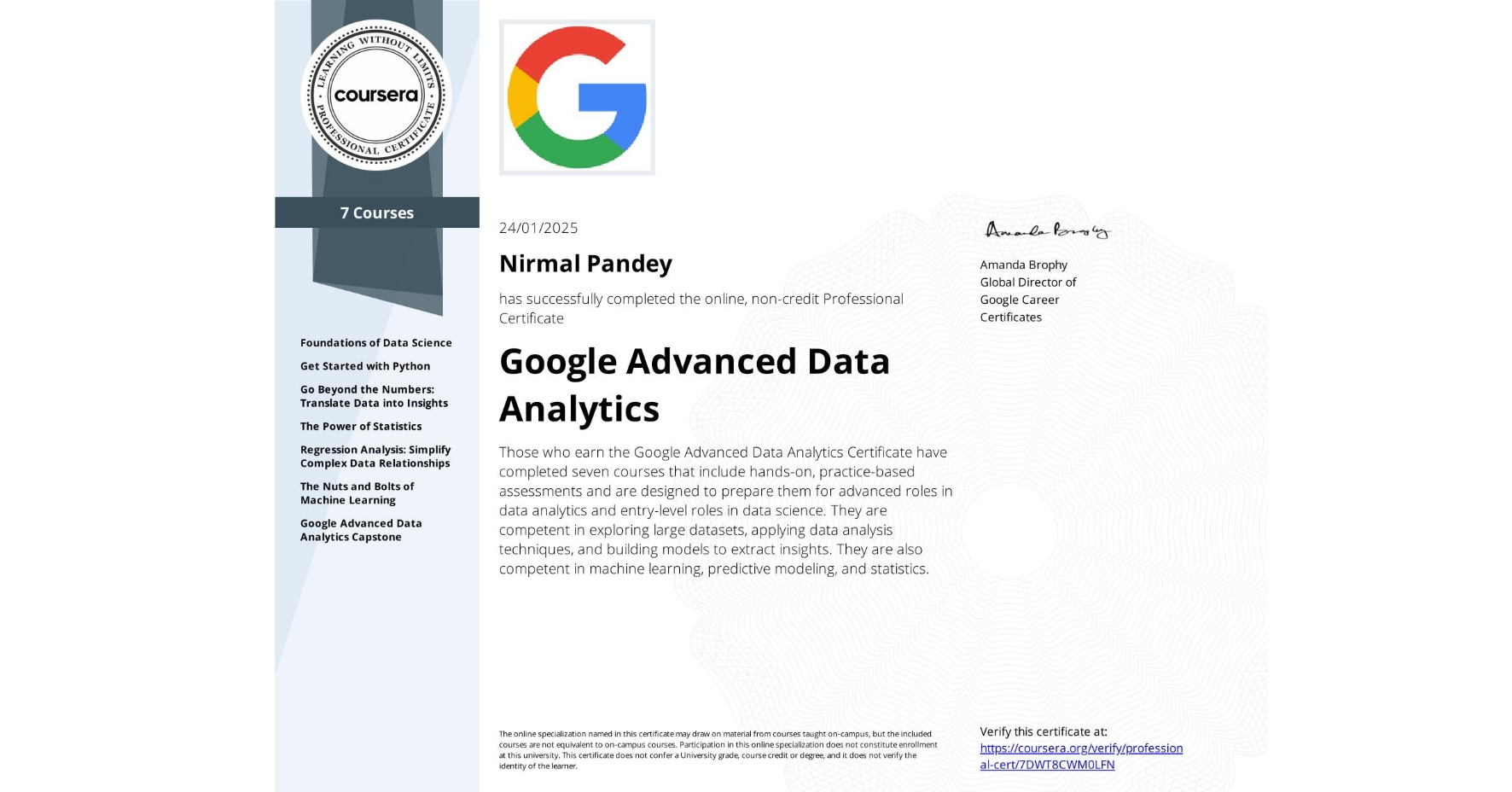 Google Advanced Data Analytics Certificate